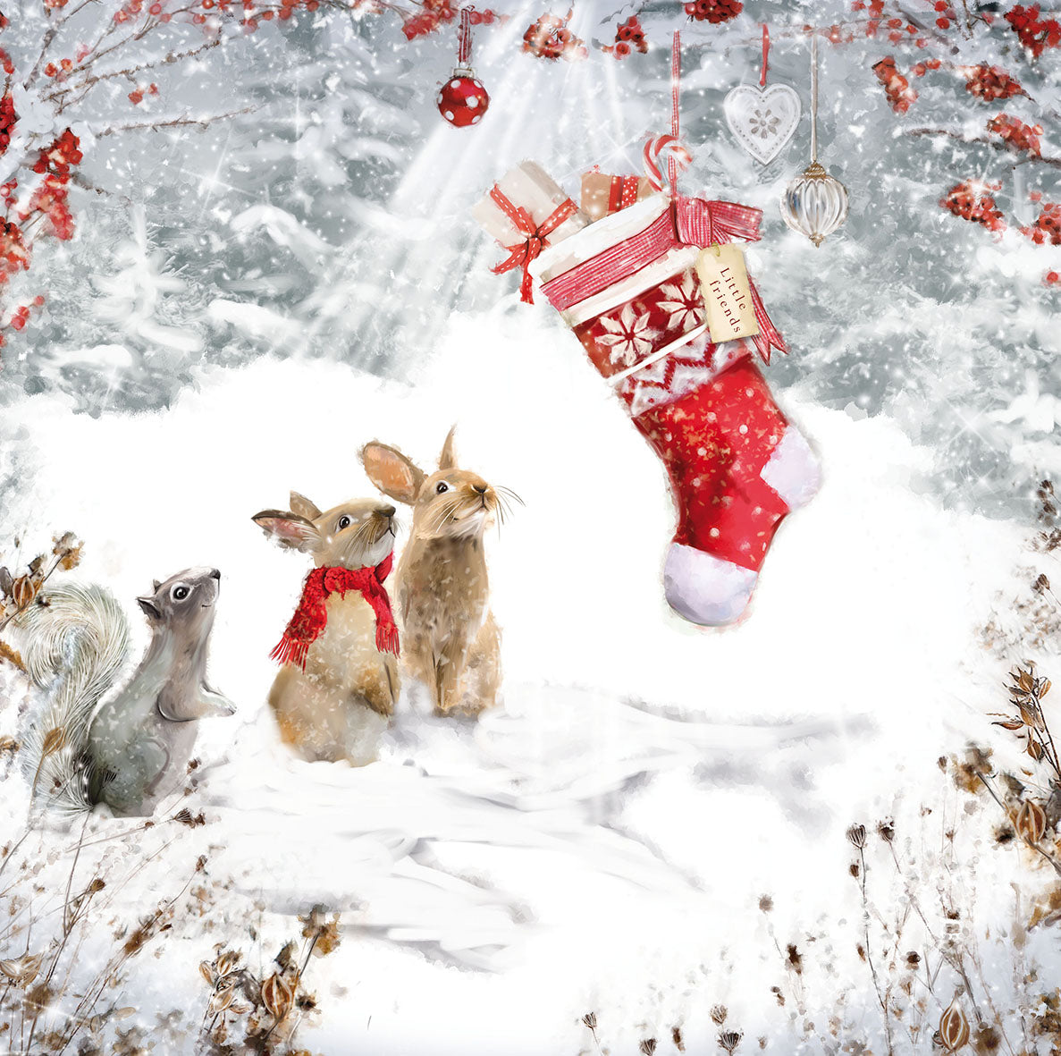 Bunnies and squirrel stocking Christmas illustration LOLA-029